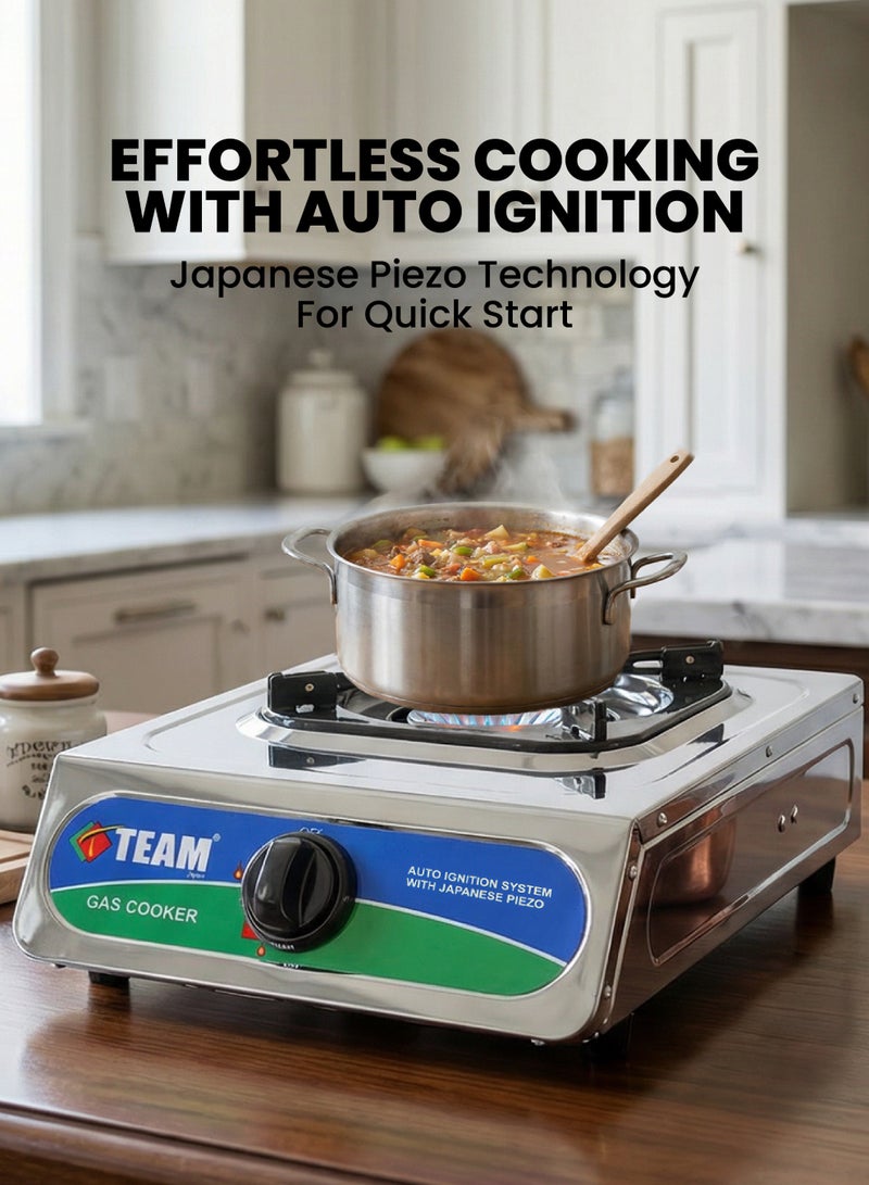 TEAM Single Burner Gas Cooker – Stainless Steel Body, Auto Ignition with Japanese Piezo, Whirlwind Flame, Portable LPG Stove for Home & Outdoor Cooking - Image 4